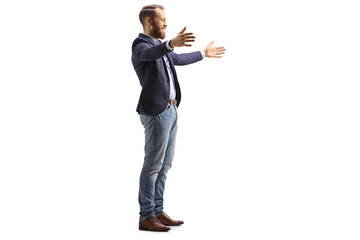 Sticker - Full length profile shot of a man waiting with arms wide open