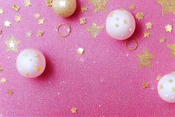 Wall Mural - Gold sparkle confetti stars on a pink pastel background. Glitter, shine, bright. Christmas festive flat lay, winter holiday, new year, happy birthday concept.copy space. Generative AI Technology