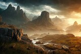 Fototapeta Na ścianę - fantasy rock mountain in Norse Mythology, sunrise