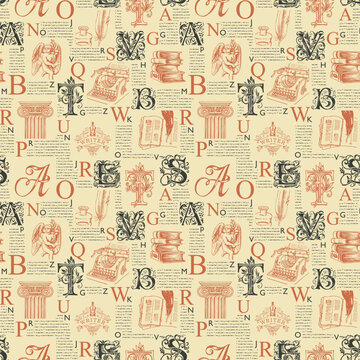 Vector seamless pattern with ornate initial letters and literary illustrations on printed page background. Unreadable text, capital letters and sketches. Suitable for Wallpaper, wrapping paper, fabric