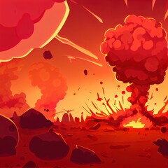 Canvas Print - Fire background, cartoon red bomb explosion clouds over destroyed burnt land. Boom effect with smoke, Ui design with dynamite explosive detonation, atomic war 2d illustrated web banner