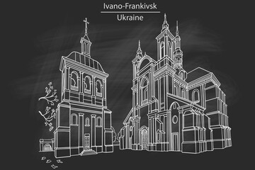 Sticker - Vector sketch of The Church of Virgin Mary in Ivano-Frankivsk, Ukraine.