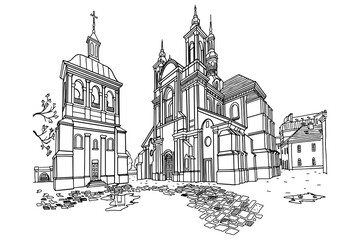 Sticker - Vector sketch of The Church of Virgin Mary in Ivano-Frankivsk, Ukraine.