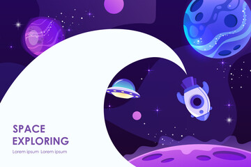Wall Mural - horizontal space background with abstract shape and planets. web design. space exploring. vector ill