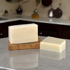 AI generated lifestyle image of handmade soap bar on wooden soap dish in kitchen