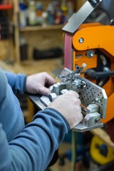 Industrial tool worker grinds a steel plate on a rotating belt sander, he makes a knife.