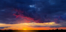Dramatic Sunset Over A Prairie Silhouette, Evening Sky Natural Background