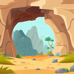 Wall Mural - cave 2d illustrated background, cartoon cave landscape with a blank center for text 2d illustrated i