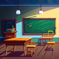 Poster - Empty School Class Room Interior Board Desk Flat 2d illustrated Illustration