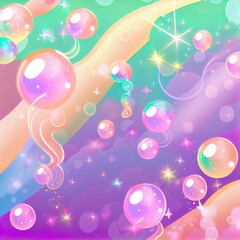 Poster - Cartoon pastel shooting stars and glowing bubbles background.