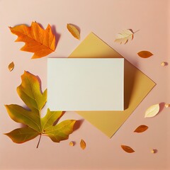 Sticker - Flat lay composition with autumn leaves and blank card on light background, space for text , anime style