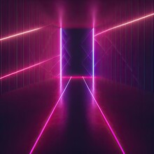 Dark Background. Room With Pink Neon Lights. Lines And LEDs, Night View. Abstract Pink Wallpaper. 