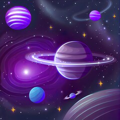 Wall Mural - space galaxy background with saturn planet and asteroids, cartoon universe texture. 2d illustrated s