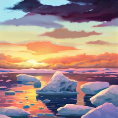 Canvas Print - Close up of snow and ice on sea shore. Sunset sky. Scenic landscape of winter nature.