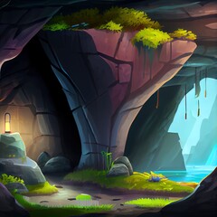 Poster - Mystery Cave with Sci Fi Building. Video Game's Digital CG Artwork, Concept Illustration, Realistic Cartoon Style Background