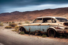 Old Rusty Abandoned Car In The Desert