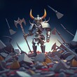Futuristic viking victory 3D illustration of science fiction robot knight with horned helmet, sword and shield standing on human skulls and debris