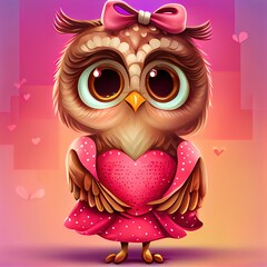 Poster - Cute Cartoon Owl in a dress on heart backround