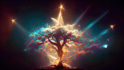 Wall Mural - abstract colorful lights and organic shapes of tree of life as panorama background
