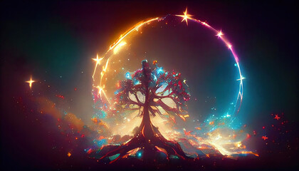 Wall Mural - abstract colorful lights and organic shapes of tree of life as panorama background