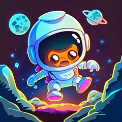 Wall Mural - Cute astronaut on alien planet in space. Baby cosmonaut in suit and helmet flying in weightlessness catch glowing crystal on extraterrestrial landscape with rocks around, Cartoon 2d illustrated