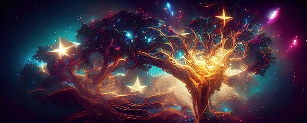 Wall Mural - abstract colorful lights and organic shapes of tree of life as panorama background