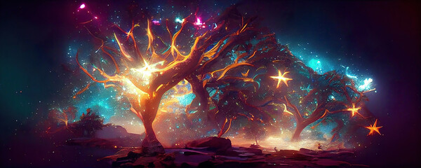 Wall Mural - abstract colorful lights and organic shapes of tree of life as panorama background