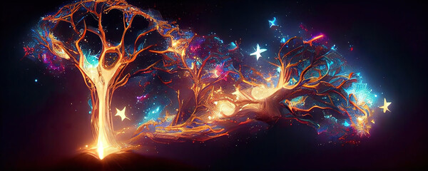 Wall Mural - abstract colorful lights and organic shapes of tree of life as panorama background