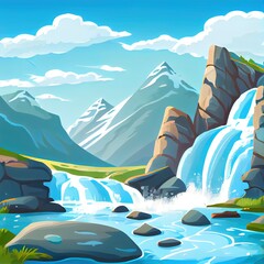 Canvas Print - Waterfall scenery landscape, water stream fall from rocks into sea or lake. Falling river jet cascade pour to pond with stones and mountain snowy peaks under blue cloudy sky, Cartoon 2d illustrated