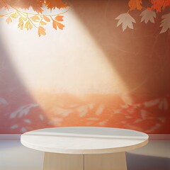 Poster - background studio room autumn with wall shadow leaves plantabstract orange cement mockup empty table