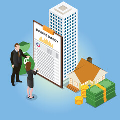 Business people looking at building subsidy document with money and a house building, isometric illustration design