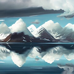 Poster - A ROW OF SNOW COVERED MOUNTAINS WITH A REFLECTION IN THE ARCTIC OCEAN AND NUMEROSU CLOUDS NEAR THE ISLAND OF SVALBARD NORWAY IN THE ARCTIC