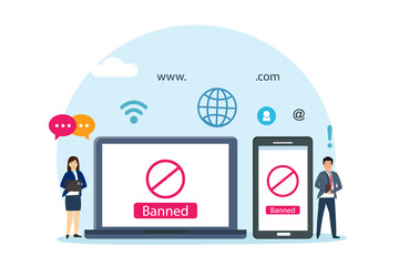 Banned sign on a laptop computer screen and mobile phone