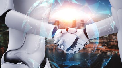Poster - 3D rendering hominoid robot handshake to collaborate future technology development by AI thinking brain, artificial intelligence and machine learning process for 4th industrial revolution.