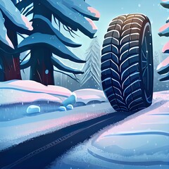 Canvas Print - Winter tire. Detail of car tires in winter on the road covered with snow.