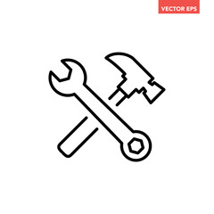 Wall Mural - Black single hammer wrench crossed icon, tools needed, simple professional  tool flat design pictogram, infographic vector for app logo web button ui ux interface elements isolated on white background