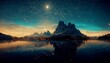 Leinwandbild Motiv Spectacular nature background of beautiful mountain and lake in starry night with shimmering light, pixie dust. Digital art 3D illustration of panoramic mountain view with stars reflect in lake water.