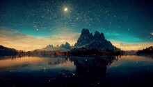 Spectacular Nature Background Of Beautiful Mountain And Lake In Starry Night With Shimmering Light, Pixie Dust. Digital Art 3D Illustration Of Panoramic Mountain View With Stars Reflect In Lake Water.