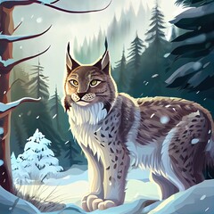 Sticker - Snowy forest clearing with beautiful animal wild lynx, Norway. Eurasian Lynx, wild cat in the forest with snow. Close up shot. Wildlife scene from winter nature.