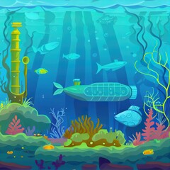 Canvas Print - Sea bottom. 2d illustrated illustration with a background in cartoon style. Depths of the ocean.