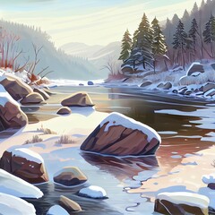 Wall Mural - winter nature of orlicke hory mountains, divoka orlice river with stones. amazing frosty nature of c