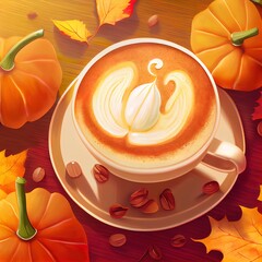 Wall Mural - Autumn composition with Pumpkin Spice Latte Coffee and Pumpkins, top view, copy space Seasonal autumn drink, maple leaves and pumkins, Thanksgiving concept , anime style