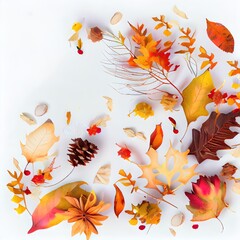 Poster - Autumn composition Dried leaves, flowers on white background Autumn, fall, thanksgiving day concept Flat lay, top view, copy space , anime style