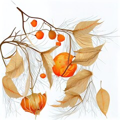 Wall Mural - Autumn composition made of orange physalis and dry autumn twigs on white background Autumn, fall concept , anime style