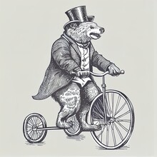 Brown Bear Rides A Bike. Fox And Monkey, Hippopotamus And Hare Or Rabbit On A Scooter. Antique Gentleman In A Cap And Coat. Victorian Man. Vintage Engraving Style. Hand Drawn Old Sketch.