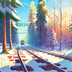 Wall Mural - railway passing through the winter forest. sunny weather in winter. nature in winter