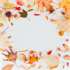 Sticker - Autumn mood background Frame made of autumn dried leaves on white background Autumn, fall, thanksgiving day concept Flat lay, top view, copy space , anime style