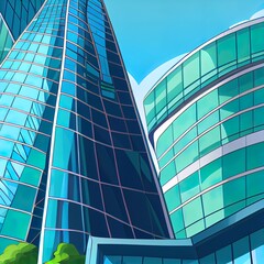 Sticker - Low angle shot of modern glass buildings and green with clear sky background.