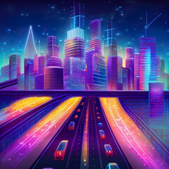 Wall Mural - Highway with vehicle light trails leading to modern illuminated night modern cityscape. Forward to smart city concept . Mixed media .