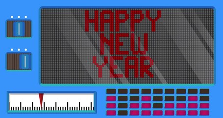 Poster - Happy New Year text on a Digital Led Panel. Announcement Message with Light Equipment.